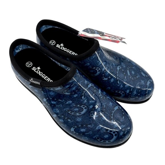 Sloggers Womens Waterproof Blue Horseshoe Print Garden Clogs 10 Made In USA - Picture 10 of 10